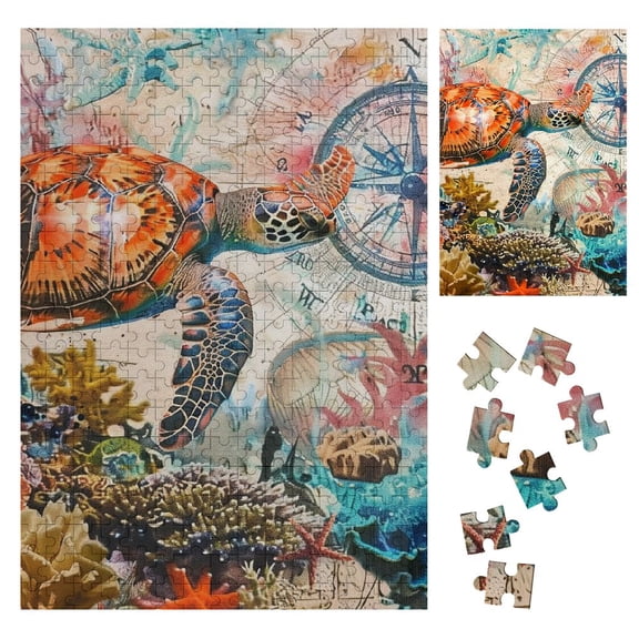 BCIIG Turtle Corals Compass Wooden Jigsaw Puzzle Vertical Style Family Friends Gift Premium Eco-Friendly Wood 300PCS