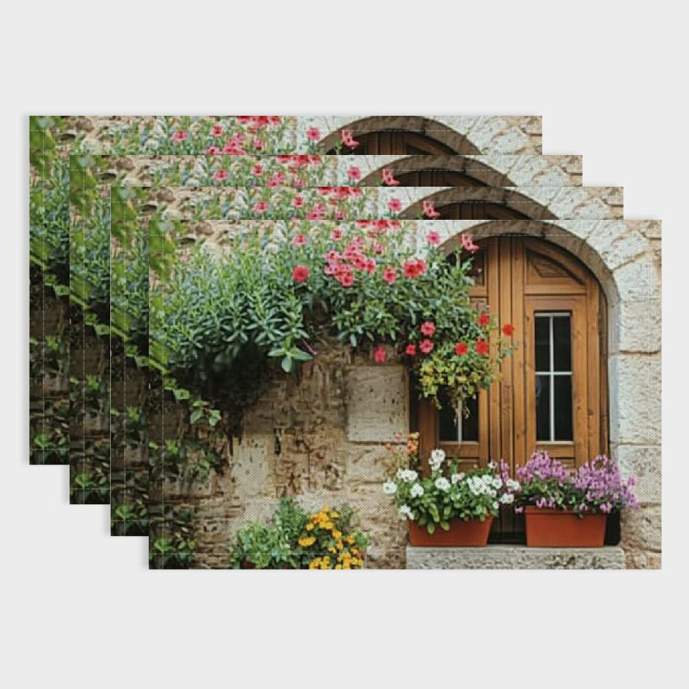 Shutter Mat BCIIG Tuscan Place Mats Set of 4, Begonia Blossoms in Box Window Wooden ...