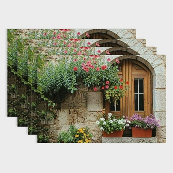 BCIIG Tuscan Place Mats Set of 4, Begonia Blossoms in Box Window Wooden Shutters Brick Wall Romagna Italy, Washable  Placemats for Dining Table, Standard Size, Orange White 18x12in