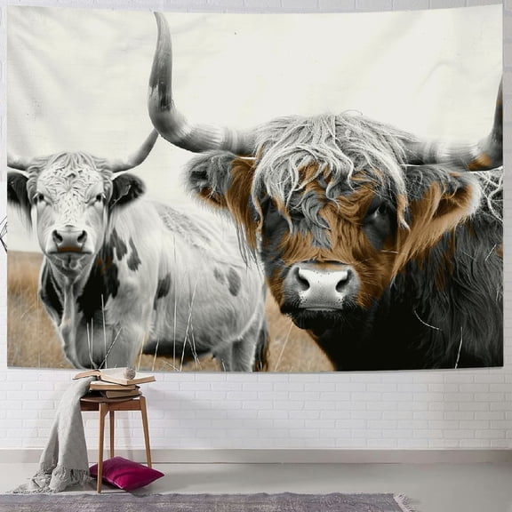 BCIIG Two Cows Tapestry Bull Highland Cow Western Farmhouse Farm Country Rustic Cattle Animal Wildlife Funny Cute Milk Artwork Modern Wall Hanging Bedroom Living Room Dorm Decor Fabric 40x60inch