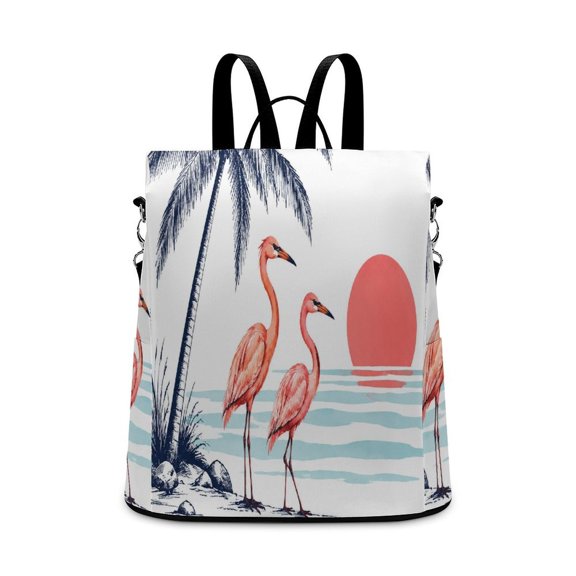 BCIIG Two Pink Herons Coconut Tree Beach Sunset Tropical Illustration Anti Theft Backpack, Purse for Women, Secure Back Zipper, Multi-Purpose Rucksack Backpack With Adjustable Strap, Womens Travel Ba