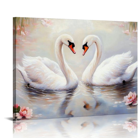 BCIIG Two Swans on the Lake Canvas Wall Art Decor Girls Wall Art Oil Art Print Cute Nursery Pictures Home Decor for Living Room Bedroom Canvas With 16x12in