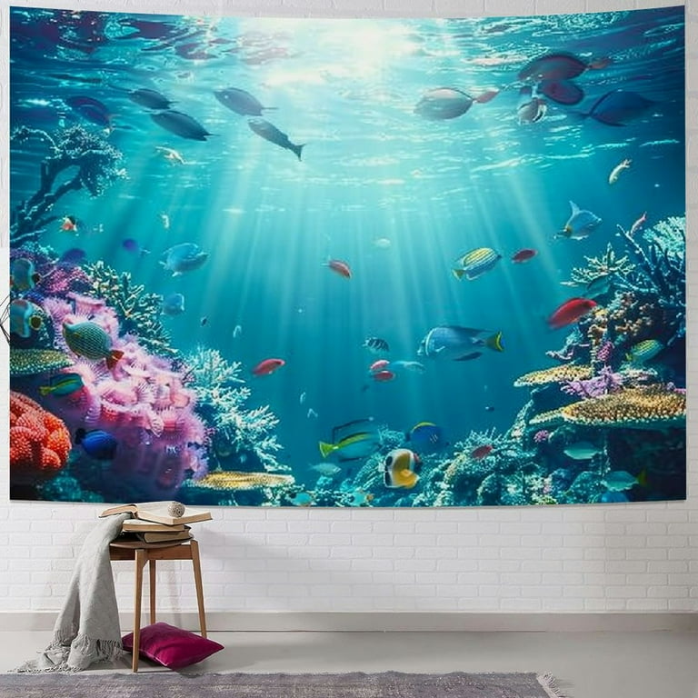 BCIIG Underwater World Tapestry Blue Ocean Wall Hanging Under the Sea Coral Reef Wall Tapestry Tropical Fish Tank Undersea Tapestries Marine Wall Art for Bedroom Living Room Dorm Decor Walmart