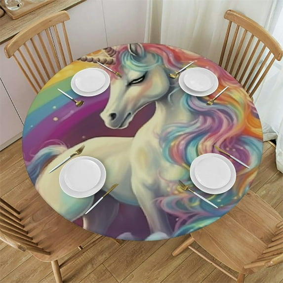 BCIIG Unicorn Rainbow Magical Round Table Cover Stain Resistant Washable Indoor Outdoor Tablecloth Kitchen Dining Wedding Parties 100% Polyester Table Cloth 54"-58
