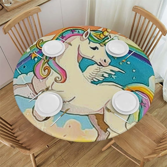 BCIIG Unicorn Rainbow Magical Round Tablecloth Stain Resistant Washable for Indoor Outdoor Kitchen Dining Wedding Parties 100% Polyester Fiber 46"-50