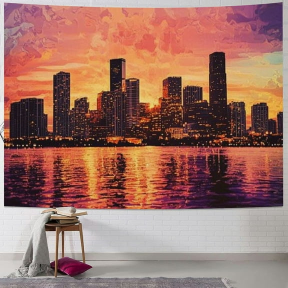 BCIIG United States Tapestry, View of Miami at Sunset Building Urban Modern City Life Ocean Skyline, Fabric Wall Hanging Decor for Bedroom Living Room Dorm 50x40inch