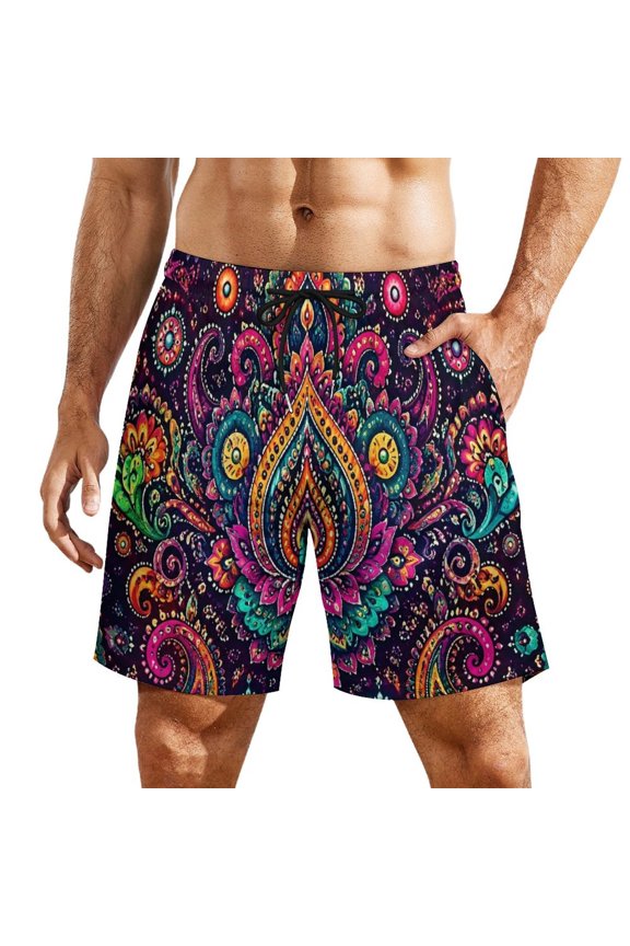 Vibrant Paisley Floral Ethnic Seamless Pattern Art Print Men's Beach Shorts, Breathable Mesh Lining Quick Dry with Pockets, Casual Swimwear for Adults,