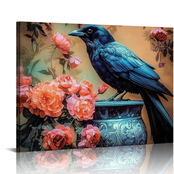BCIIG Vintage Canvas Wall Art Black Crow Picture Retro  Print Dark Floral Canvas Dark Academia Paintings Halloween Crow  Animal Prints Vintage Crow Raven Picture  20x16in