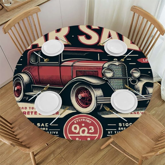 BCIIG Vintage Car Sale Advertisement Round Table Cover Stain Resistant Washable Indoor Outdoor Tablecloth Kitchen Dining Wedding Parties 100% Polyester Fiber 38-42