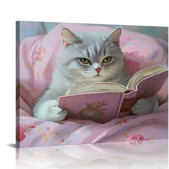 BCIIG Vintage Cats Reading Books Wall Art Cute Cat Cat Reading Book Abstract Cat Painting Funny Animal Wall Art Abstract Pet Minimalist Prints Aesthetic Trendy Girls Study Room Decor  16x12in
