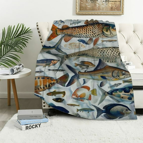 BCIIG Vintage Fishes Blanket Retro Illustration Throws Gift for Boys Girls, Marine Life Decor Plush Soft Lightweight Flannel Fleece Blankets for Bed Couch Chair White