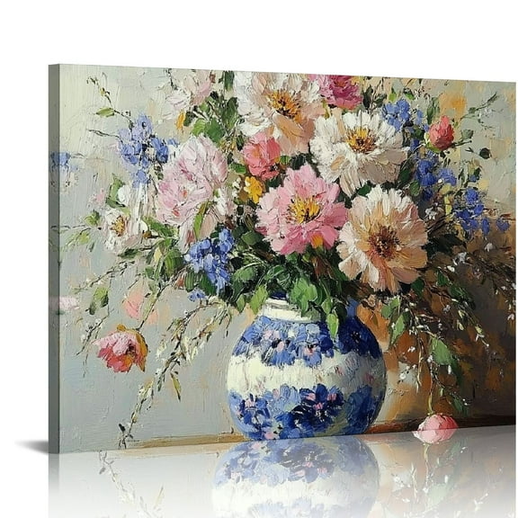 BCIIG Vintage Floral Canvas Wall Art Colorful Wildflower Oil Painting Print Classical French Country Farmhouse Wall Decor Artwork for Modern Home Bathroom Bedroom Office Ready to Hang 16x12in