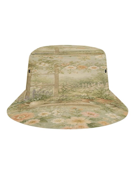 Vintage Garden Window Floral Frame Pattern Bucket Hat, Soft, Printed, Packable Fisherman Sun Hat for Beach Travel Hiking Vacation, Sun Hat for Women Men, One Size