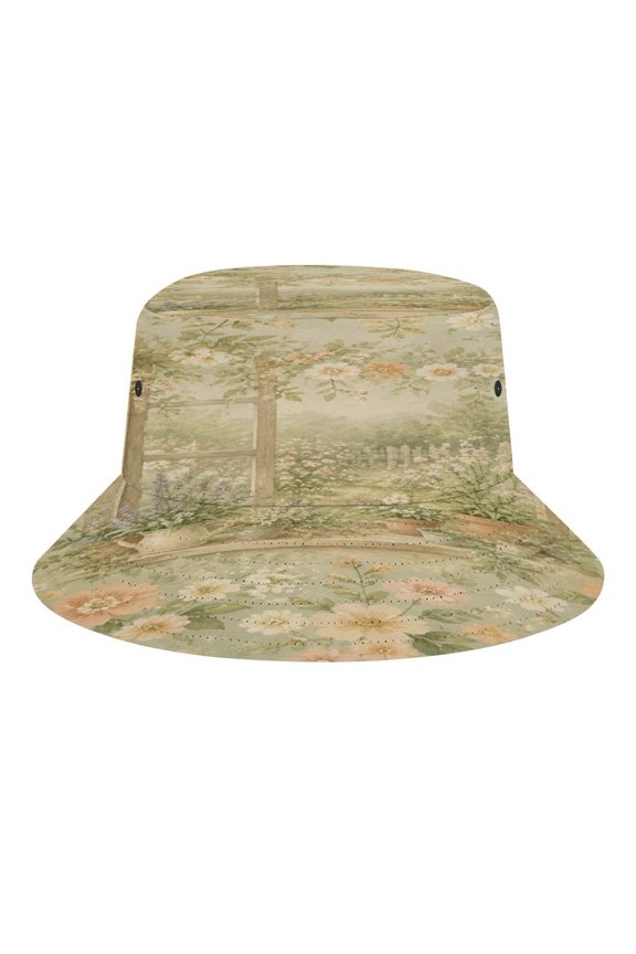 Vintage Garden Window Floral Frame Pattern Bucket Hat, Soft, Printed, Packable Fisherman Sun Hat for Beach Travel Hiking Vacation, Sun Hat for Women Men, One Size