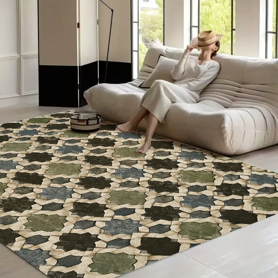 Checker Tile Rug BCIIG Vintage Geometric Star Tile Non‑Slip Indoor Floor Carpet Non‑Slip ...