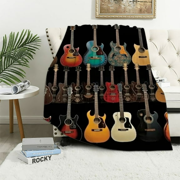 BCIIG Vintage Guitar Collection Throw Blanket - Soft and Cozy Fleece Blanket with Colorful Acoustic Guitar Design - Perfect for Music Lovers, Couch, Bed, or Outdoor Use 60x80in