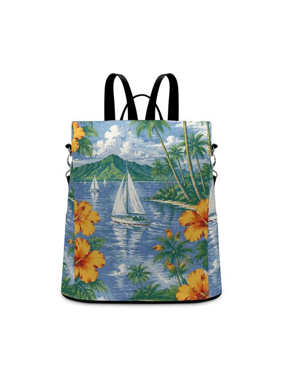 Vintage Hawaiian Diamond Head Landscape Hibiscus Palm Sailboat Tropical Seamless Pattern Anti Theft Backpack, Purse for Women, Secure Back Zipper, Multi-Purpose Rucksack Backpack With Adjustabl