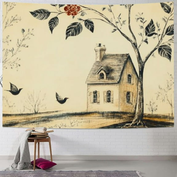 BCIIG Vintage House Tapestry,Botanical Rustic Farmhouse Wall Blanket,Tree Branch Bird Weed Wall Hanging Art Kids Boys Girls Home Room Decor,Beige Boho Retro Porch Hangings 40x30inch