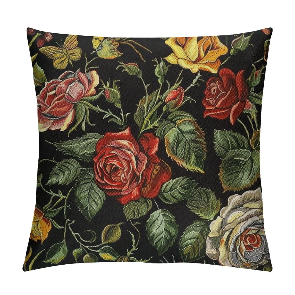 BCIIG Vintage Red Rose Pillow Cover Reversible Print Embroidery Style Retro Flower Square Throw