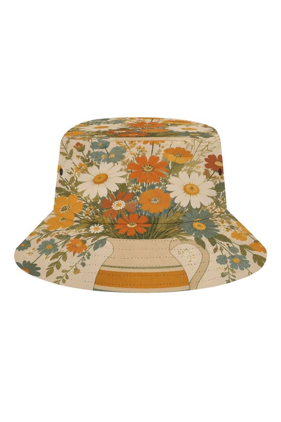 Vintage Striped Pitcher With Daisy Wildflower Bouquet Seamless Pattern On Cream Background Bucket Hat, Soft, Printed, Packable Fisherman Sun Hat for Beach Travel Hiking Vacation, Sun Hat for Wo