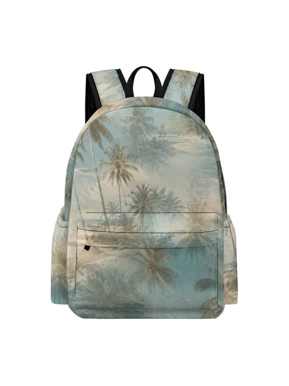 Vintage Textured Tropical Coconut Palm Beach Ocean Seamless Pattern Printed Oxford Backpack, Large Capacity Laptop Backpack, Water Resistant, Travel Daypack for College Work Commuting Adults,