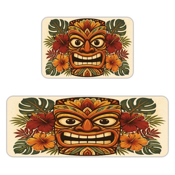 BCIIG Vintage Tiki Mask Tropical Leaves Kitchen Mats for Floor, Sets of 2, Soft Washable, Clear Print, Non Skid Waterproof Kitchen Rug for Sink Floor Sink Laundry Bar Office Room Home Cooks
