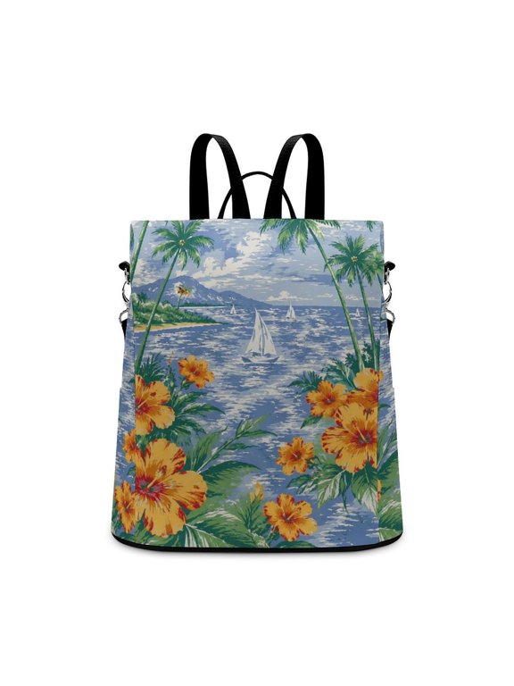 Vintage Tropical Hawaiian Hibiscus Palm Tree Ocean Sailboat Beach Seamless Pattern Anti Theft Backpack, Purse for Women, Secure Back Zipper, Multi-Purpose Rucksack Backpack With Adjustable Stra