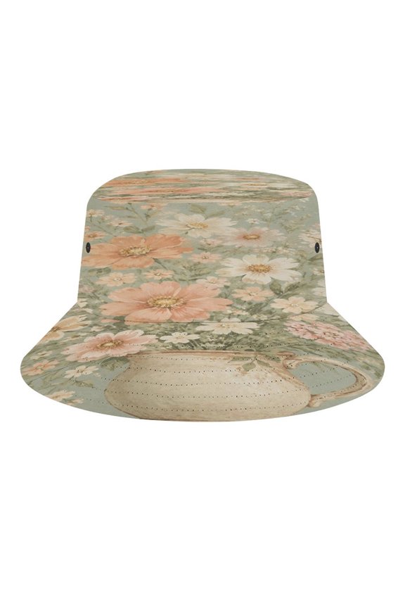 Vintage Wildflower Bouquet In Ceramic Pitcher Bucket Hat, Soft, Printed, Packable Fisherman Sun Hat for Beach Travel Hiking Vacation, Sun Hat for Women Men, One Size