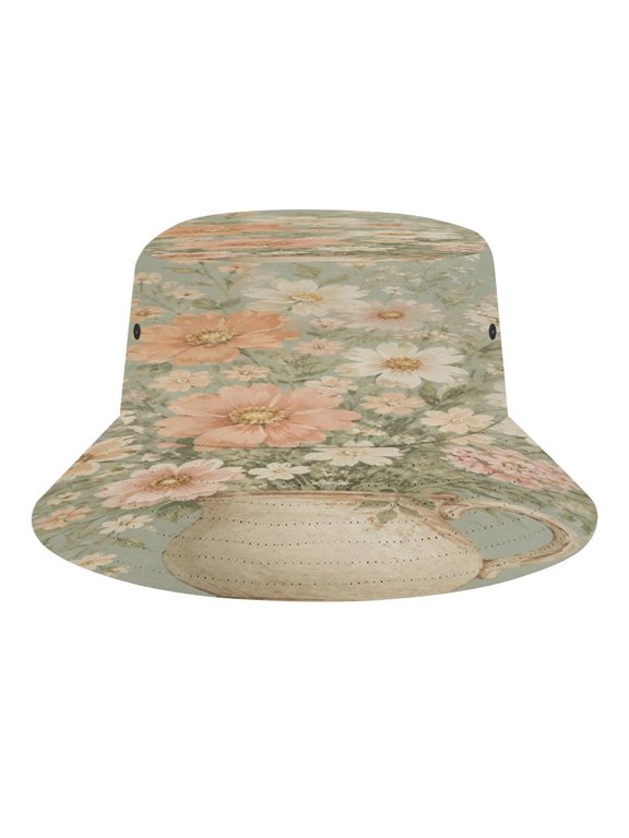 Vintage Wildflower Bouquet In Ceramic Pitcher Bucket Hat, Soft, Printed, Packable Fisherman Sun Hat for Beach Travel Hiking Vacation, Sun Hat for Women Men, One Size