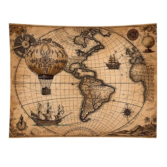 BCIIG Vintage World Map Tapestry, Antique Nautical Map Hot Air Balloon Sailing Ship Compass Wall Hanging for Bedroom Living Room Office Dorm, 40x60