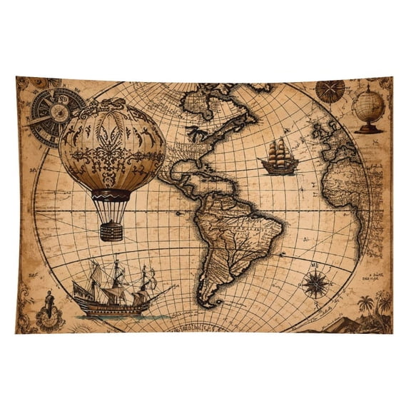 BCIIG Vintage World Map Tapestry, Antique Nautical Map Hot Air Balloon Sailing Ship Compass Wall Hanging for Bedroom Living Room Office Dorm Travel Decor