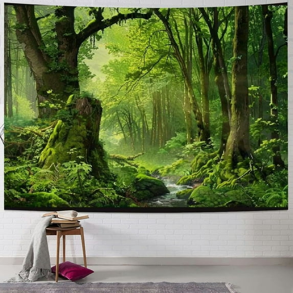 BCIIG  Virgin Forest Tapestry Green Tree in Misty Forest Tapestry Wall Hanging Nature Scenery Wall Tapestry Decor for Living Room Bedroom