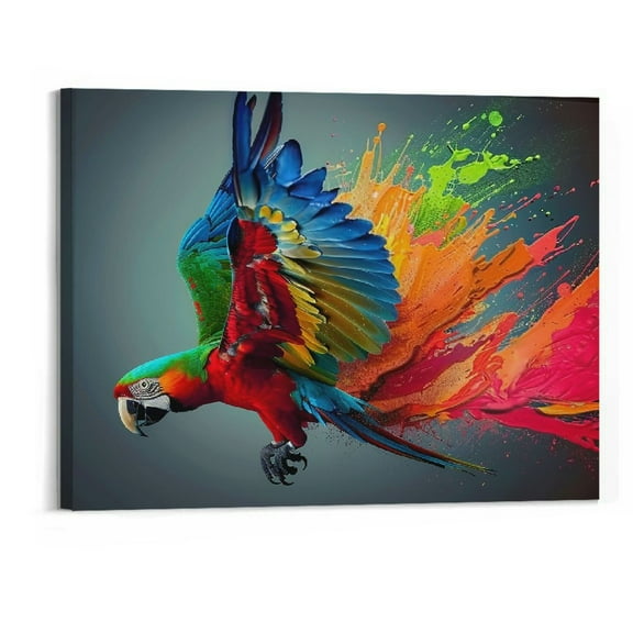 BCIIG Wall Art Pictures Creative Splash of Color Becoming A Parrot Canvas Painting Animal Macaw Posters and Prints for Living Room Frameless 20" x 16".