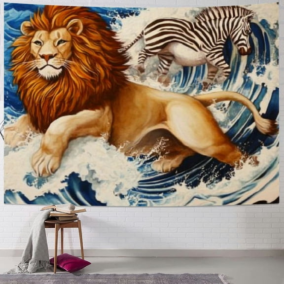 BCIIG Wall Decor Funny Cat Riding Lion Tapestry for Bedroom Aesthetic, Cool Novelty Wildlife Wall Tapestry for Kids Child Ukiyo-E Sun Ocean Wave Wall Hanging, Cherry Blossoms Wall Artwork 40x30inch