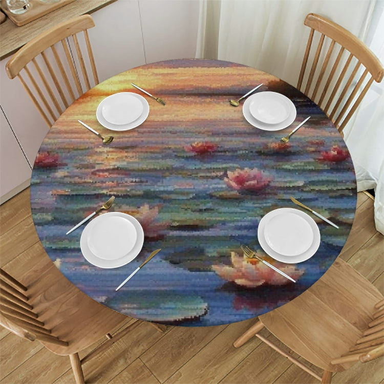 View of BCIIG Water Lilies Pond Round Tablecloth Stain-Resistant Washable ...