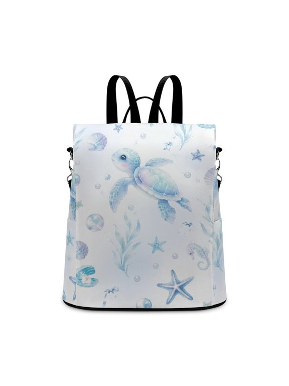 Watercolor Cute Baby Sea Turtle Starfish Seahorse Seashell Seaweed Underwater Seamless Pattern Anti Theft Backpack, Purse for Women, Secure Back Zipper, Multi-Purpose Rucksack Backpack With Adj