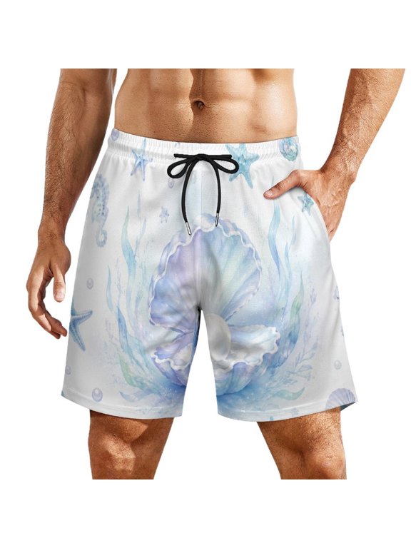 Watercolor Giant Pearl Shell Seaweed Seahorse Starfish Ocean Underwater Seamless Pattern Men's Beach Shorts, Breathable Mesh Lining Quick Dry with Pockets, Casual Swimwear for Adults,