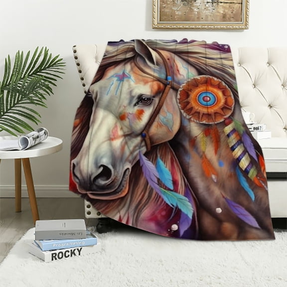 BCIIG Watercolor Horse Throw Blanket Gifts, Soft Cozy Fleece Blanket with Colorful Feather Mane Print, Blanket for Couch Bed Sofa, Perfect for Horse Lovers and Western Decor 40x50in