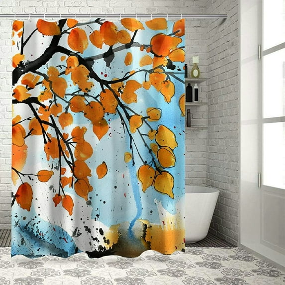 BCIIG Watercolor Ink Tree Leaves Branch Shower Curtain Sets,Orange and Blue Abstract Landscape Bathroom Curtains,Modern Minimalist White Bath Curtain,Waterproof Fabric with