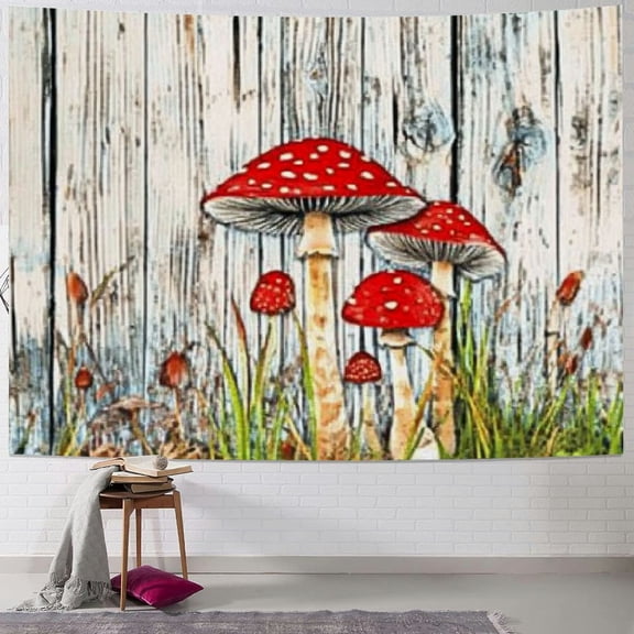 BCIIG Watercolor Mushrooms Chic Kids Tapestry,Boys Girls Adults Cabin Decor,Old Wooden Plank Retro Wall Tapestries,Weeds Plants Boho Wall Hanging,Rustic Trippy Home Wall Decor,Large 60x50inch