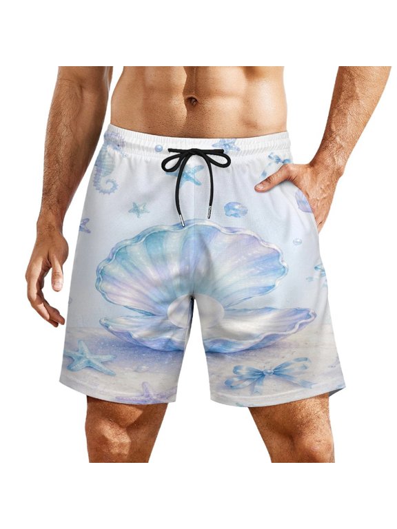 Watercolor Pastel Blue Giant Shell Pearl Seahorse Starfish Bow Underwater Seamless Pattern Men's Beach Shorts, Breathable Mesh Lining Quick Dry with Pockets, Casual Swimwear for Adults,