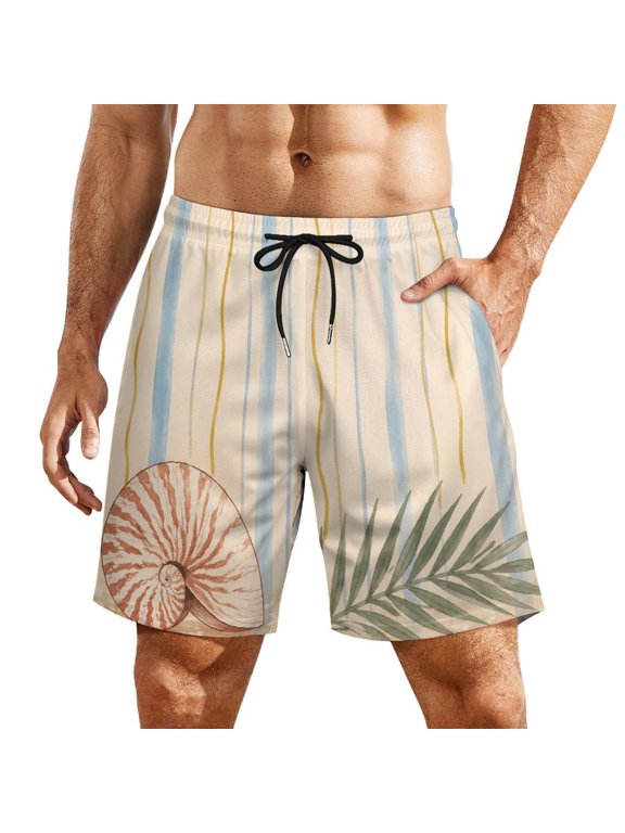 Watercolor Striped Nautilus Shell Palm Leaf Coastal Seamless Pattern Men's Beach Shorts, Breathable Mesh Lining Quick Dry with Pockets, Casual Swimwear for Adults,