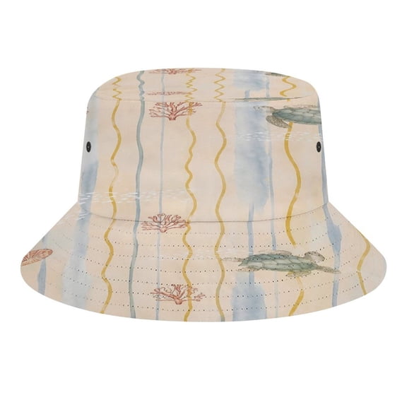 BCIIG Watercolor Striped Underwater Sea Turtle Coral Seashell Nautical Seamless Pattern Bucket Hat, Soft, Printed, Packable Fisherman Sun Hat for Beach Travel Hiking Vacation, Sun Hat for Women Men,