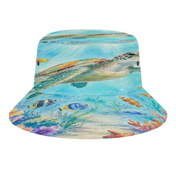 BCIIG Watercolor Underwater Sea Turtle Coral Reef Tropical Fish Hibiscus Seamless Pattern Bucket Hat, Soft, Printed, Packable Fisherman Sun Hat for Beach Travel Hiking Vacation, Sun Hat for Women Men