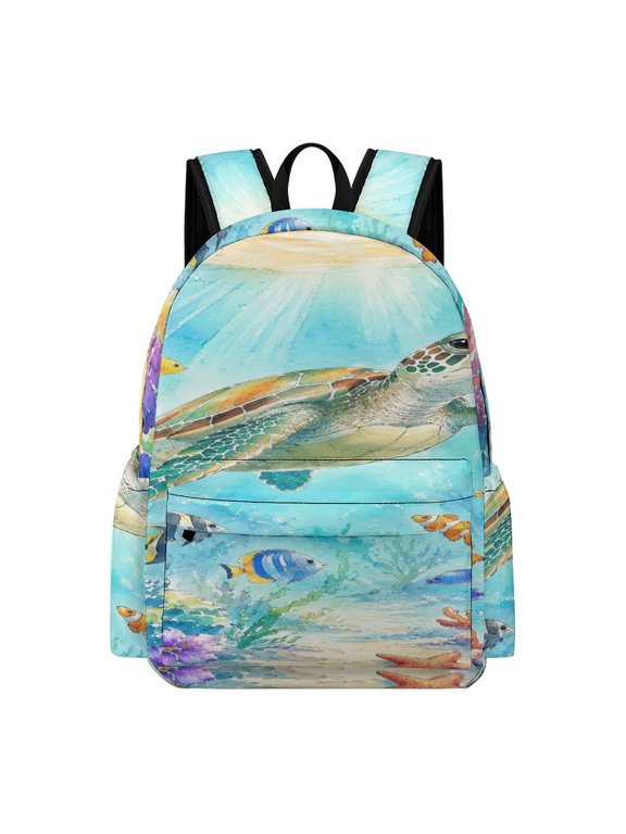 Watercolor Underwater Sea Turtle Coral Reef Tropical Fish Hibiscus Seamless Pattern Printed Oxford Backpack, Large Capacity Laptop Backpack, Water Resistant, Travel Daypack for College Work Co