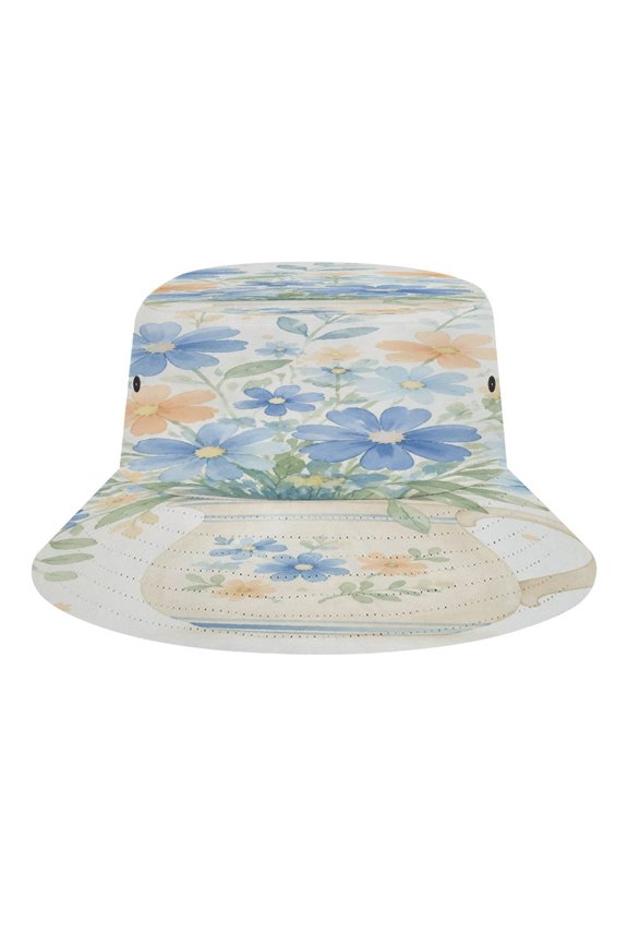 Watercolor White Pitcher With Blue And Peach Wildflower Bouquet On Cream Background Bucket Hat, Soft, Printed, Packable Fisherman Sun Hat for Beach Travel Hiking Vacation, Sun Hat for Women Men