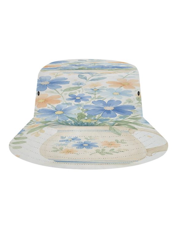 Watercolor White Pitcher With Blue And Peach Wildflower Bouquet On Cream Background Bucket Hat, Soft, Printed, Packable Fisherman Sun Hat for Beach Travel Hiking Vacation, Sun Hat for Women Men