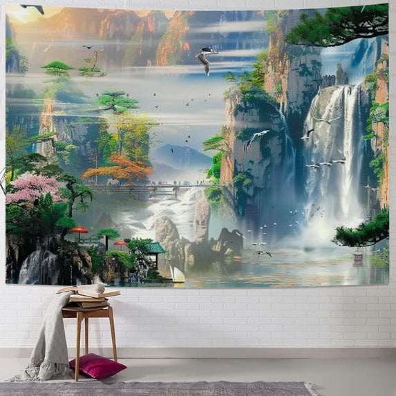 BCIIG Waterfall Boat Birds Tapestry Wall Hanging Unique Style for Home Decor, Graphic Art for Living Room Bedroom Apartment Farmhouse Dorm, 4 Sizes Available 40x30inch