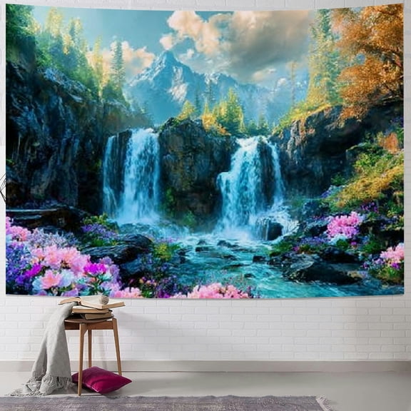 BCIIG Waterfall Forest Flowers Tapestry Wall Hanging Home Decor 40x30inch