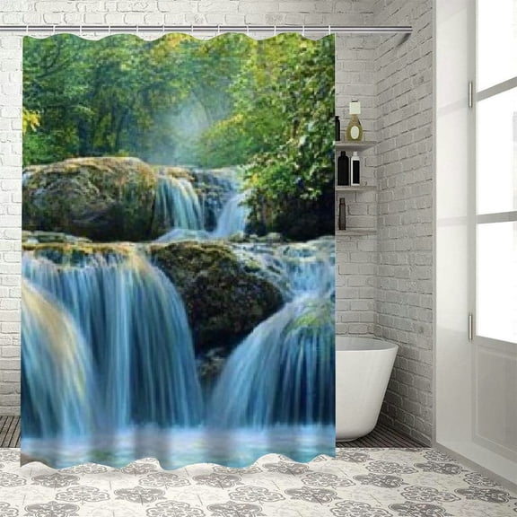 BCIIG Waterfall Forest Rocks Bathroom Shower Curtain with Hooks 69"x72